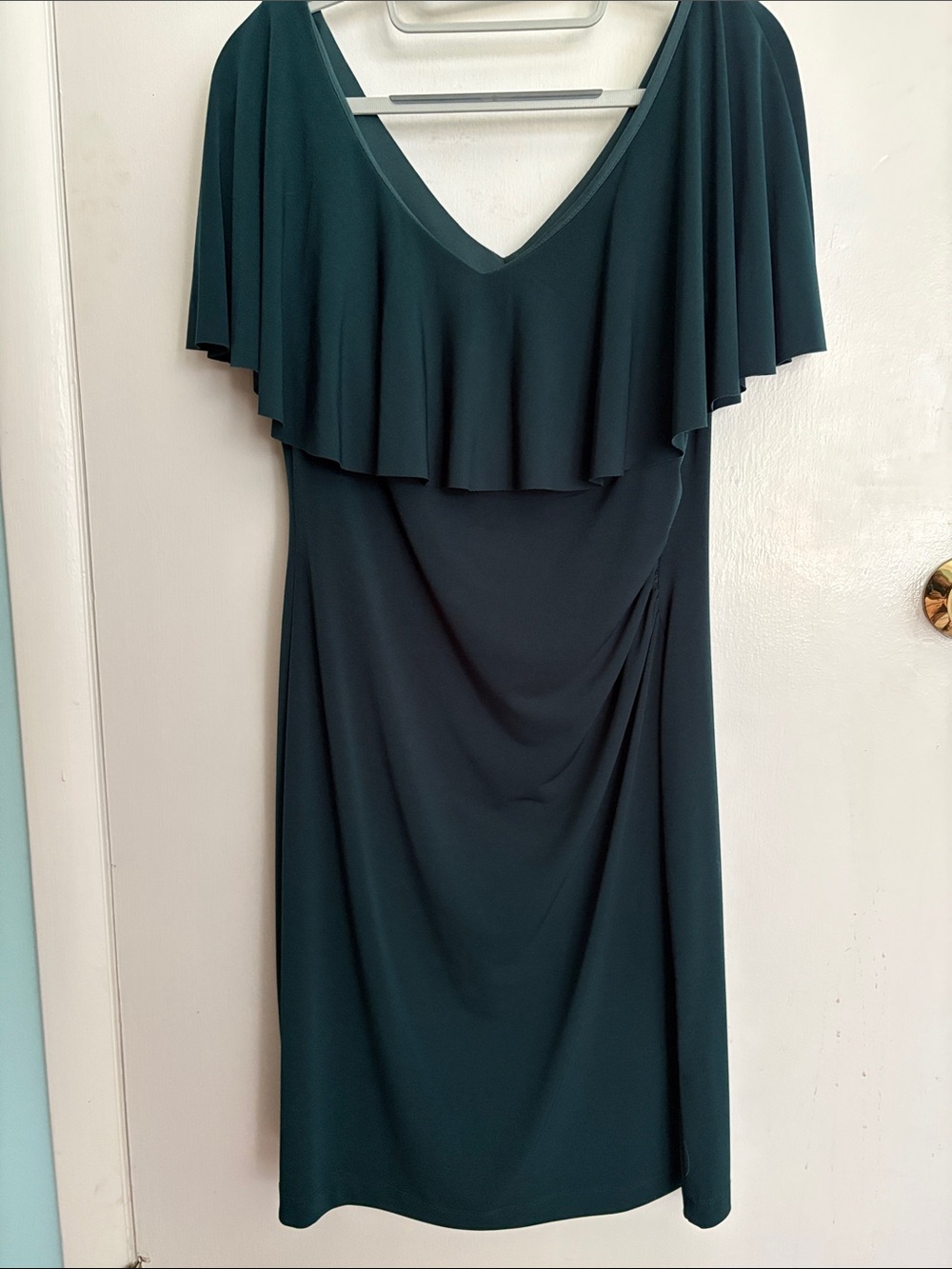 connected apparel emerald green double V-Neck Midi Dress with Flutter Cape